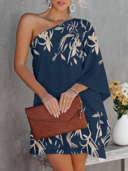 

Plants Print One Shoulder Casual Dress, Navyblue, Mini Dresses