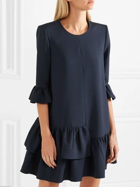

Summer Lightweight A-line Plain Crew Neck Short Sleeve Woven Daily Dress, Navyblue, Midi Dresses
