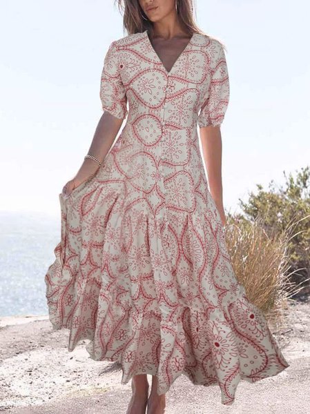 

V Neck Boho Floral Short Sleeve women Dress, Pink, Dresses