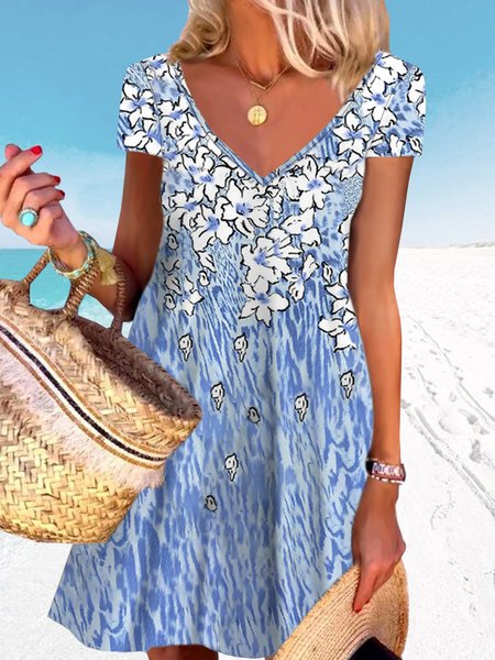 

Vacation V Neck Cotton Blends Short Sleeve Knit Dress, Blue, Mini Dresses