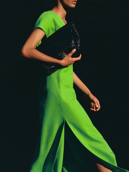 

V Neck Casual Short Sleeve Woven Dress, Green, Maxi Dresses