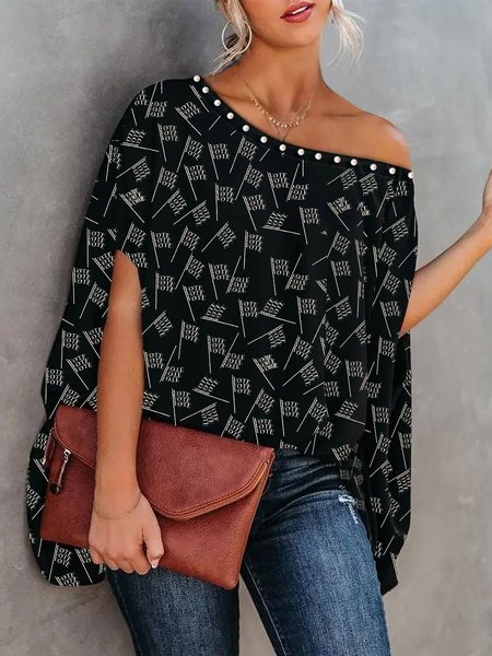

Casual Boat Neck Letter Loosen Top, Black, Tops