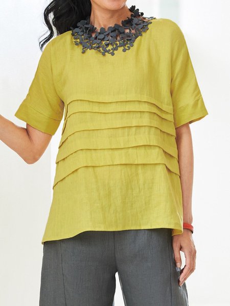 

Casual Plain Short Sleeve Tops, Yellow, Tops