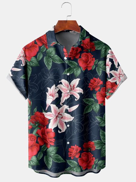 

Men's Vintage Botanical Print Casual Breathable Short Sleeve Shirt, Blue, Men's Floral shirt