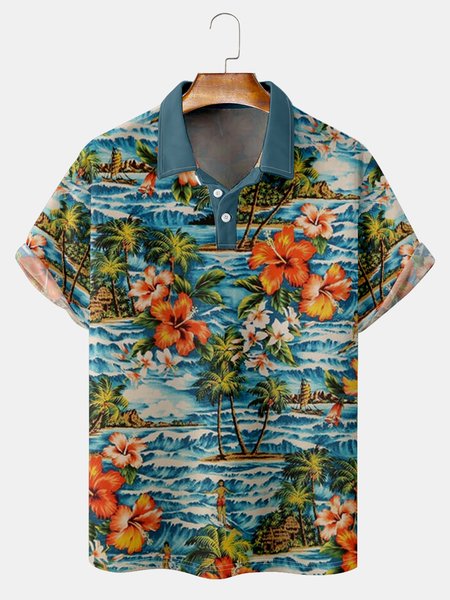 

Resort Style Hawaiian Series Botanical And Floral Elements Pattern Lapel Short-Sleeved Polo Print Top, Lake blue, Men's t-shirts