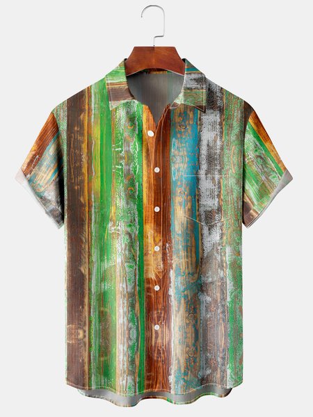 

Mens Retro Striped Print Lapel Loose Chest Pocket Short Sleeve Hawaiian Shirts, Green, Men's Floral shirt