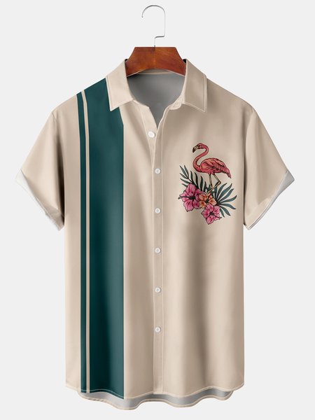 

Flamingo Graphic Men's Casual Short Sleeve Shirt, Off white, Men's Floral shirt