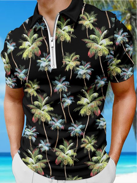 

Resort Style Hawaiian Series Botanical Coconut Tree Element Pattern Lapel Short-Sleeved Polo Print Top, Black, Men's t-shirts