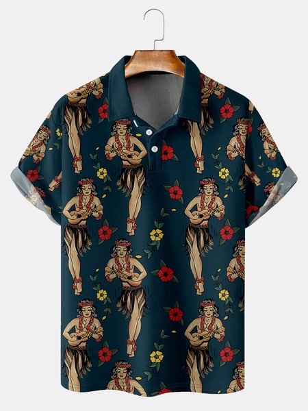 

Resort Style Hawaii Series Hula Beauty Element Pattern Lapel Short-Sleeved Polo Print Top, Lake blue, Men's t-shirts