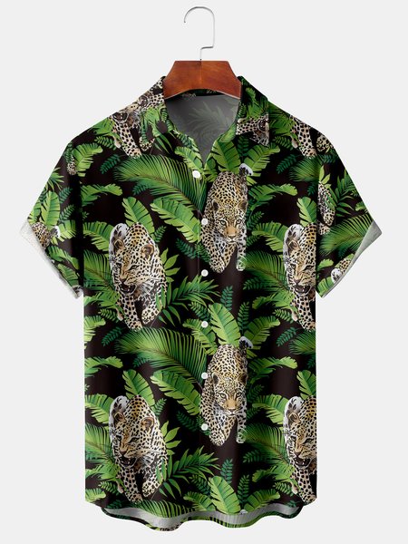 

Men's Leopard Print Casual Breathable Hawaiian Short Sleeve Shirt, Green, Men's Floral shirt
