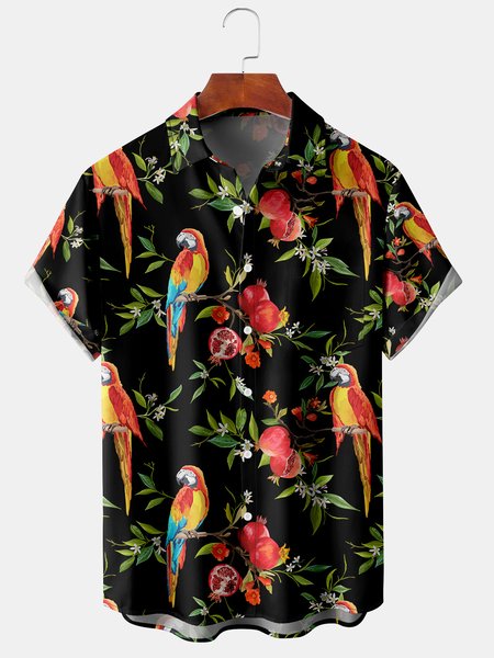 

Men's Parrot Print Casual Breathable Hawaiian Short Sleeve Shirt, Black, Men's Floral shirt