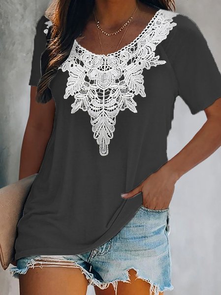 Lace Design Casual Loose Short Sleeve Top, Black, Tees & T-shirts