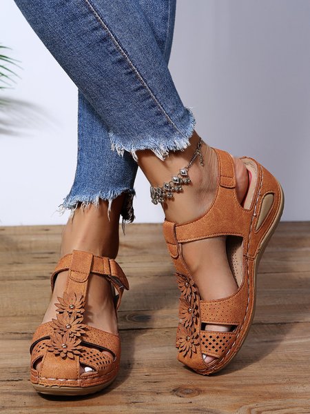 

Three-dimensional Flowers Hollow Straps Toe Wedge Sandals, Brown, Sandals