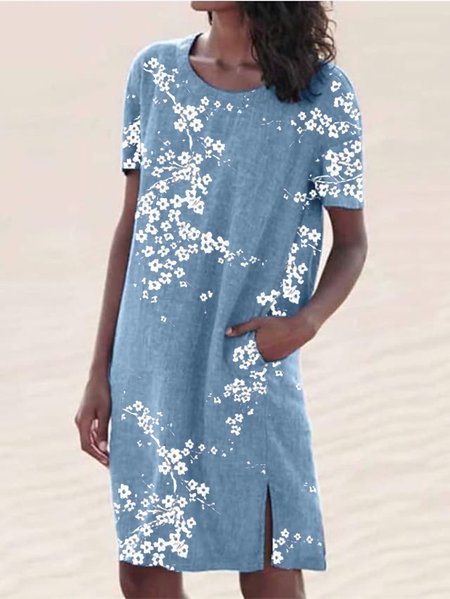 

Floral Casual Crew Neck Short Sleeve Women Dress, Blue, Mini Dresses