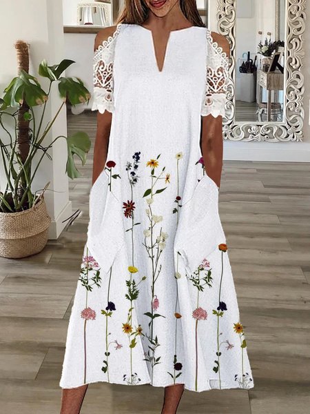 

Loosen Floral Notched Short Sleeve Woven Dress, White, Midi Dresses