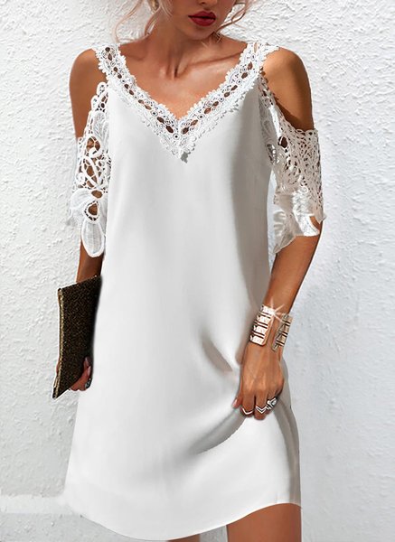 

Elegant Loosen Short Sleeve Woven Dress, White, Dresses
