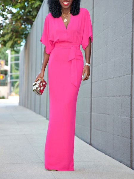 

Elegant V Neck Short Sleeve Knit Maxi Dress, Pink, Maxi Dresses