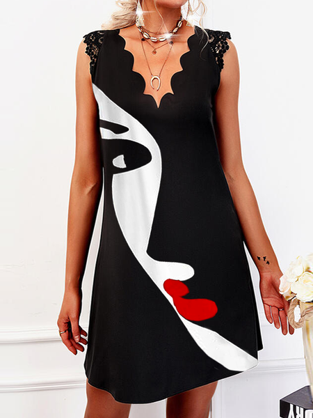 

Abstract Face Painting Print Lace Sleeve Sexy Dress Loosen Sexy Short Sleeve Woven Dress, Black, Dresses