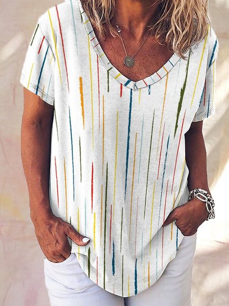 

Casual Striped Funny Print Short Sleeve T-Shirt, As picture, T-shirts