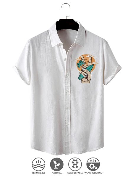 

Cotton And Linen Holiday Leisure Short-sleeved Shirt, White, Men's Floral shirt