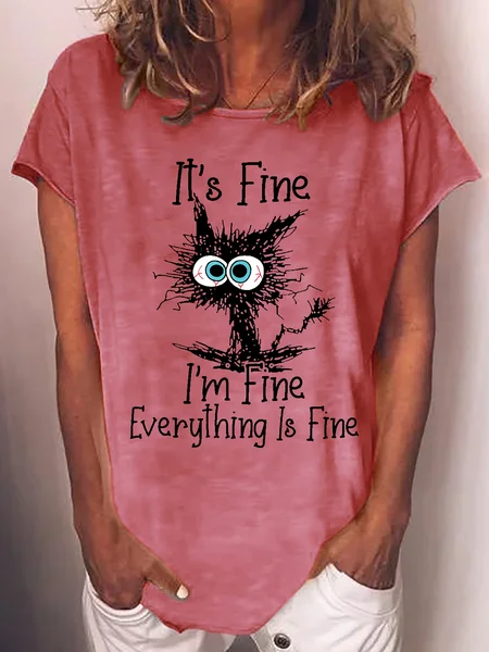 

Womens Funny Letter I Am Fine Short Sleeve T-Shirt, Red, T-shirts