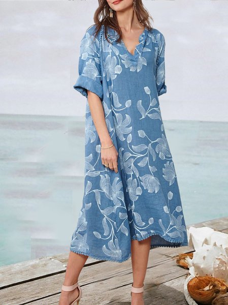 

Blue Floral Printed Casual LooseV-Neck Shift Dresses, Midi Dresses