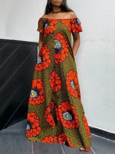 

Floral Boat Neck Loosen Short Sleeve Woven Dress, As picture, Maxi Dresses