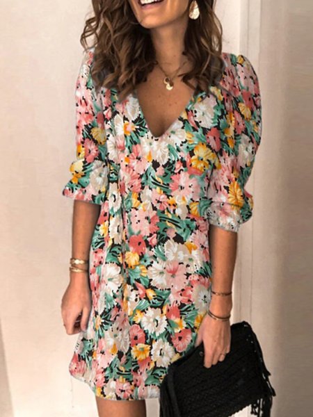 

Casual Floral Half Sleeve V Neck Plus Size Printed Dress, Multicolor, Mini Dresses