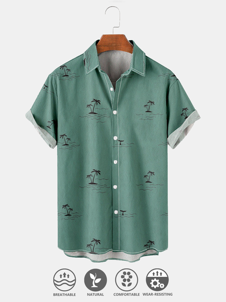 

Cotton and Linen Style Coconut Print Lapel Cozy Linen Shirt, As picture, Men's Floral shirt
