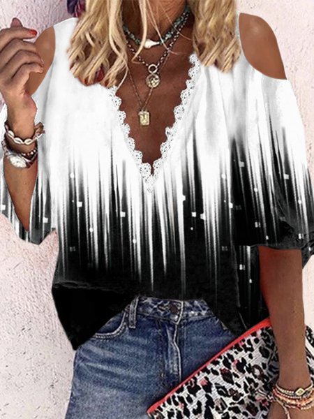 

Ombre Lace V Neck 3/4 Sleeve Plus Size Casual Tops, Black-white, Tops