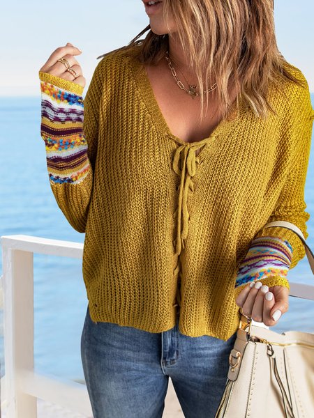 

Vacation Casual Loose Yellow Lace up Long Sleeve Knit Sweater, Sweaters