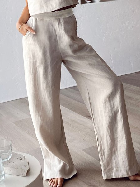 

Casual Cotton And Linen Wide Leg Elastic Waistband Trousers, Light khaki, Pants