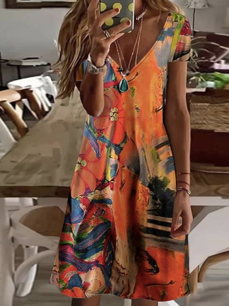 

Casual Graffiti Cotton Blends Short Sleeve Knit Dress, Multicolor, Mini Dresses