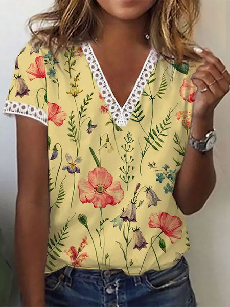 

Women's Casual Holiday Weekend Floral T-shirt Short Sleeve Print V Neck Basic Top, Yellow, T-Shirts
