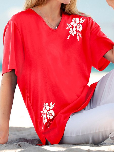 

Floral Cotton Blends Casual Regular Fit Short Sleeve T-Shirt, Red, T-Shirts