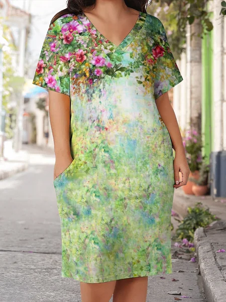

Casual Simple Floral Gradient Print V-Neck Short Sleeve Midi Dress, As picture, Casual Dress
