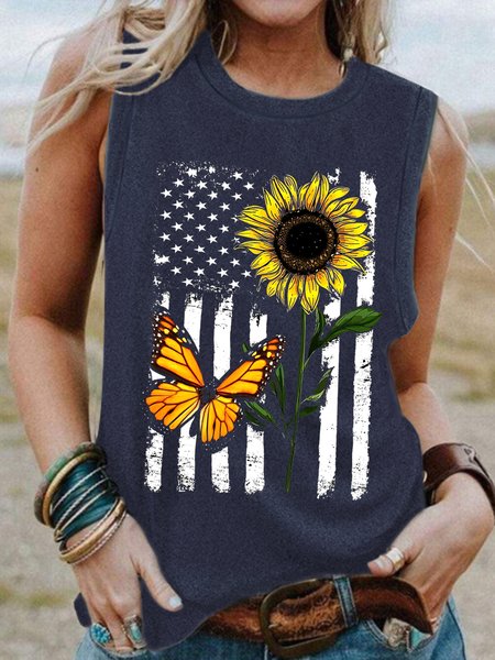 

American Flag Sunflower Crew Neck Top, Dark blue, Tank Tops