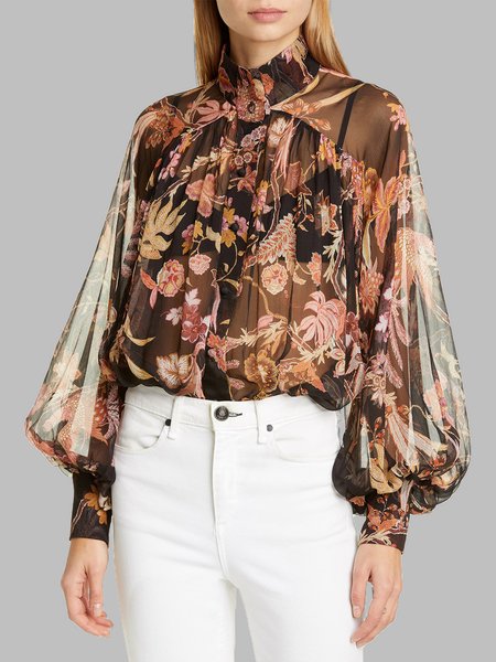 

Printed Bishop Sleeve Vacation Long Sleeve Top, Multicolor, Tops