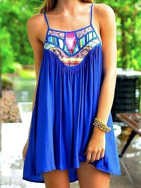 

Geometric Spaghetti Sleeveless Plus Size Casual Dresses, Blue, Mini Dresses
