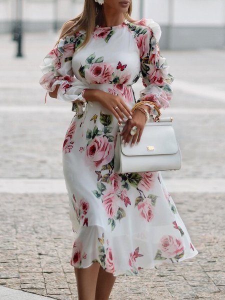 

Crew Neck Elegant Long Sleeve Woven Dress, White, Midi Dresses