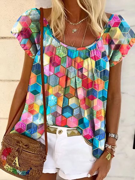 

Regular Fit Geometric Vacation Short Sleeve T-Shirt, Multicolor, Tunics