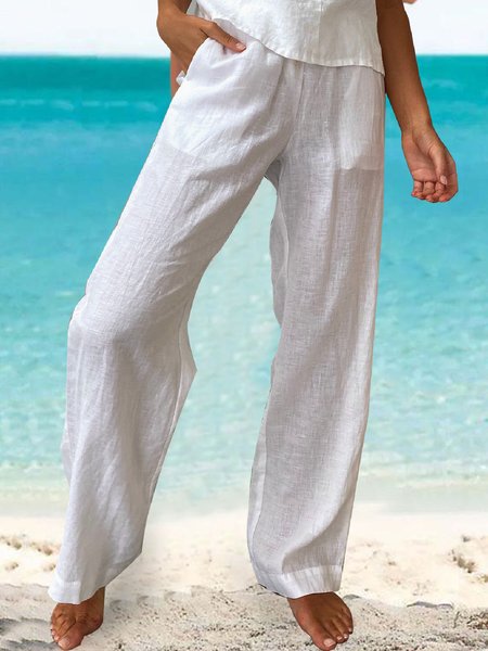 

Plain Casual Cotton And Linen Elastic Belt Trousers, White, Pants