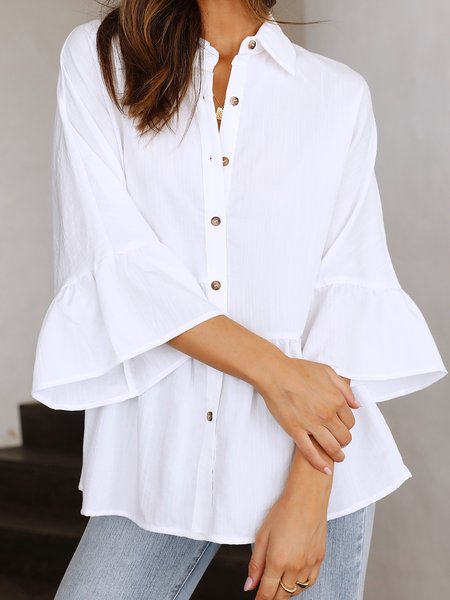 

Shirt Collar Loosen Casual Three Quarter Sleeve Top, White, Tops