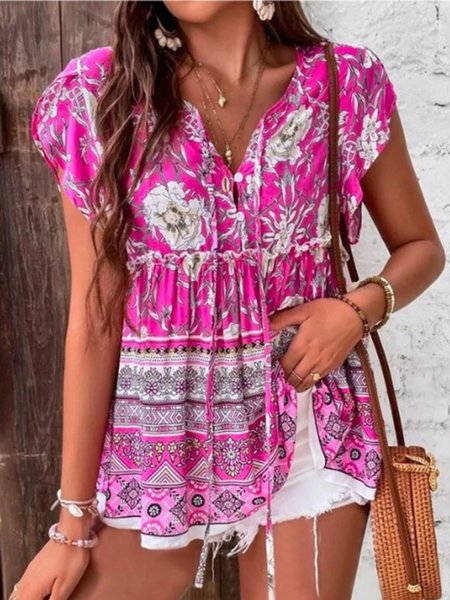 

Casual Floral Short Sleeve V Neck Plus Size Printed Tops, Rose red, Tops