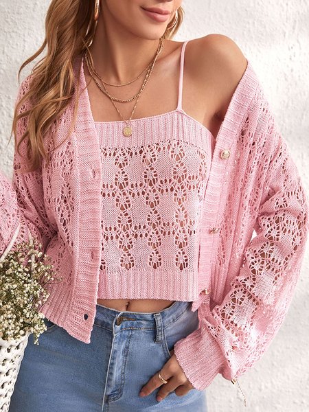 Yarn/Wool Yarn Regular Fit Long Sleeve Two Pieces Sweater, Pink, Cardigans
