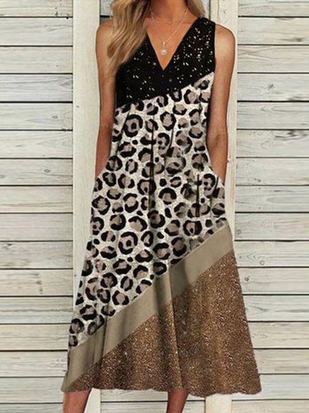 

V Neck Regular Fit Leopard Sleeveless Woven Dresses, Midi Dresses