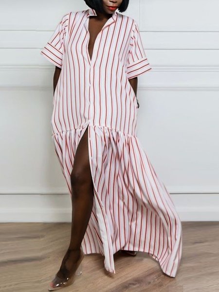 

Striped Loosen Shirt Collar Short Sleeve Woven Dress, Stripe, Maxi Dresses