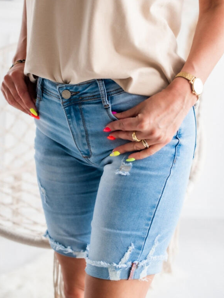 

Mid Waist Solid Shirred Ripped Denim Skinny Shorts Denim & Jeans, Blue, Jeans