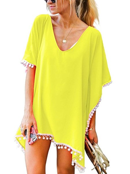 

Holiday Chiffon Beach Skirt Blouse Solid Color Tassel Small White Ball Plus Size, Yellow, Swimwear