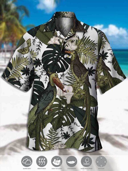 

Men's Bird Print Moisture Wicking Fabric Trendy Hawaiian Collar Short Sleeve Shirt, Green, Men's Floral shirt